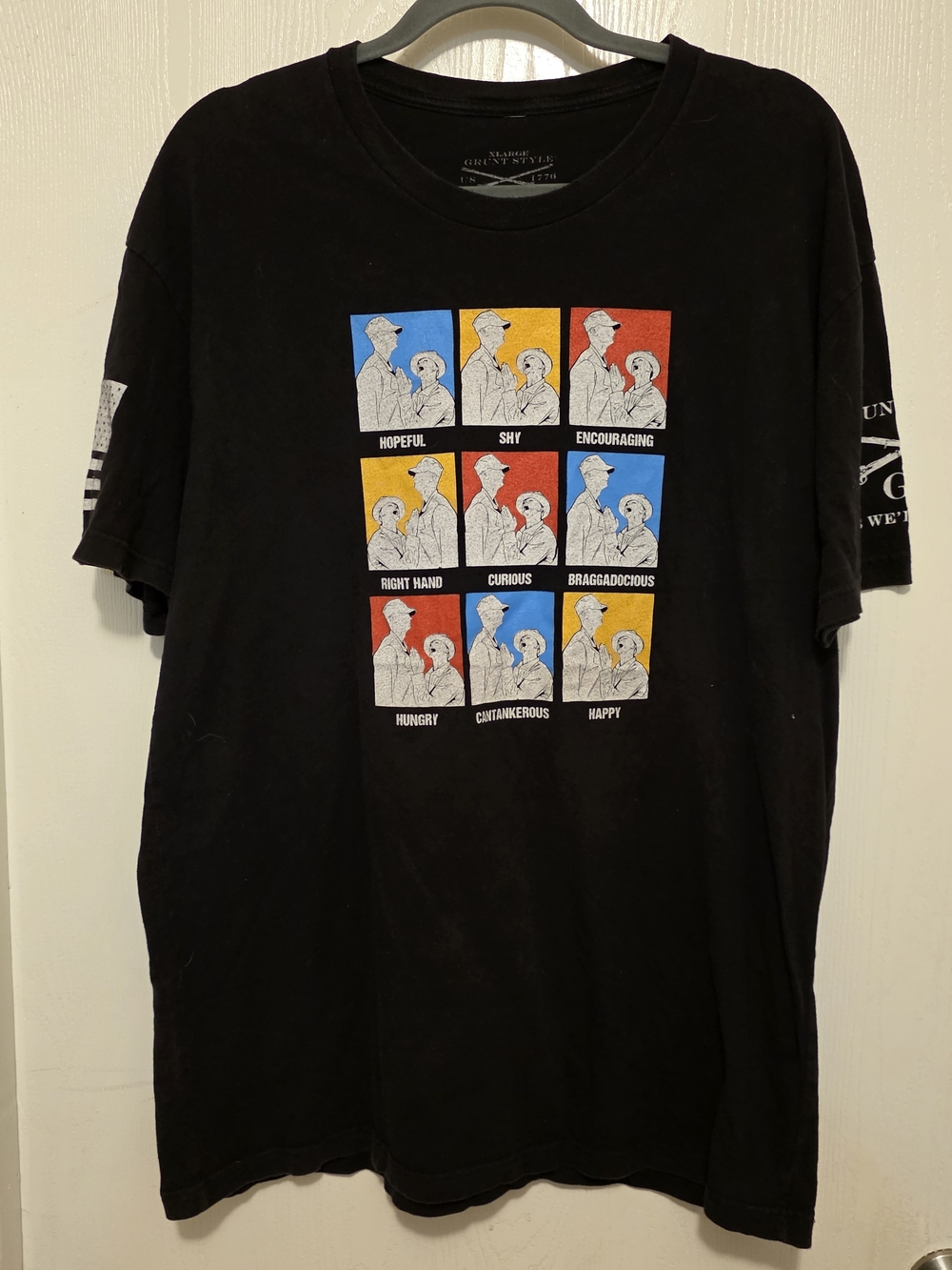 Grunt Style Black Short Sleeve Tee with Red, Blue and Yellow Panel Graphic